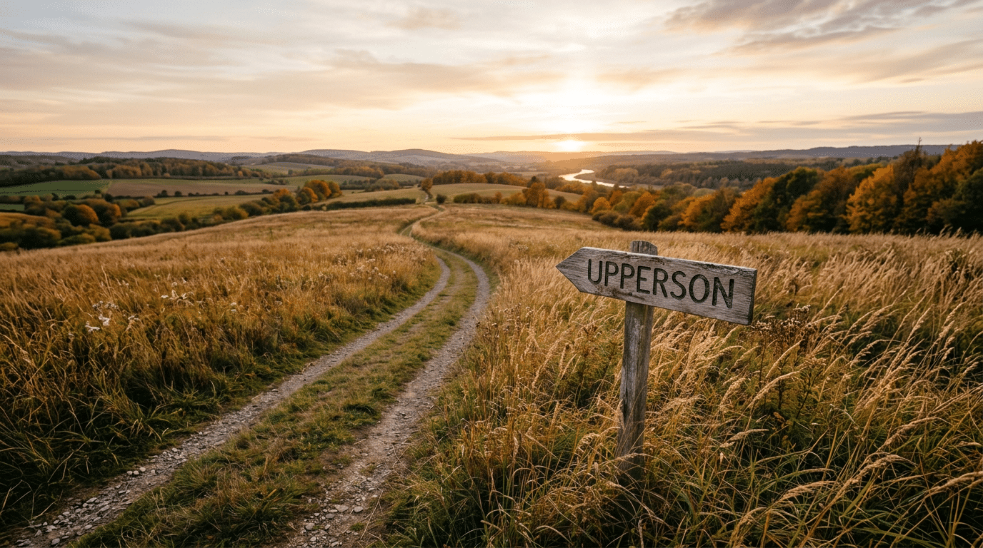 Grassy trail leading toward hills at sunset beside a sign reading UPPERSON